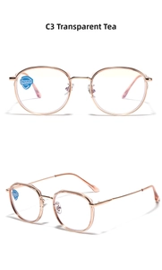 Detail of rose gold metal round frames with anti-blue light lenses and UV400 protection