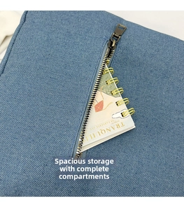 Detail view of blue denim texture organizer with functional zipper pocket and storage space