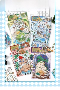 Detail of 2.5D isometric scenery stickers for DIY journaling with garden and sea themes