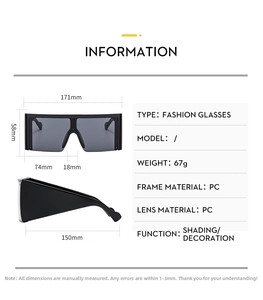 Detailed size specifications and measurements of oversized square half-frame sunglasses