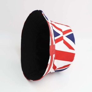 Detail view of cotton bucket hat featuring UK Union Jack flag pattern and black lining