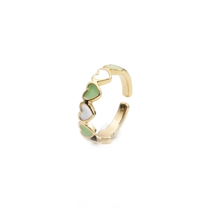 Adjustable gold open ring with green and white enamel heart patterns on white background