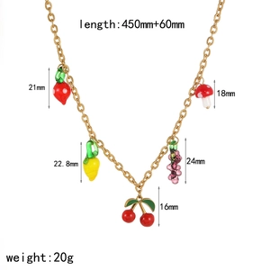 Stainless steel fruit pendant necklace for women with cherry and grape charms 45+6cm