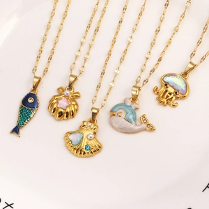 Marine Life Stainless Steel Lip Chain Necklace Jellyfish Starfish Shell Pendant Colorful Enamel Sweet Summer Jewelry For Women