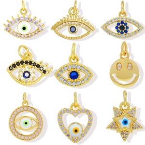 18K gold plated evil eye and smiley charms with cubic zirconia for jewelry making