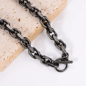 Men's dark grey stainless steel oval link chain necklace with stylish OT toggle clasp