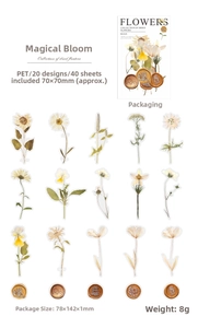 Detail of vintage flower PET stickers showing sunflower and daisy patterns on white base