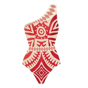 Detail of red and cream tribal geometric print on one-shoulder asymmetrical swimsuit