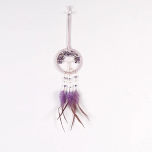 Mini dreamcatcher with purple tree of life design and matching feathers for car decor