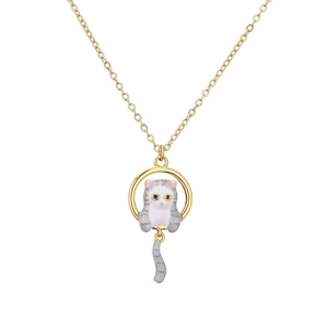 Golden necklace with a cute gray and white enamel cat pendant sitting in a round circle