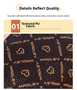 Close-up of durable dark brown PU leather with heart patterns and brand logo texture