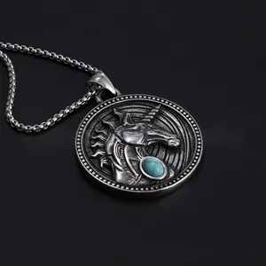 Vintage stainless steel unicorn relief pendant necklace with blue gemstone detail