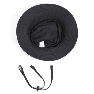 Detail view of the black sun hat interior showing breathable mesh lining and adjustable chin cord