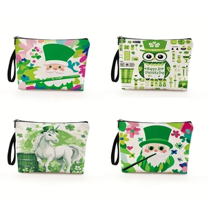 St. Patricks Day Kosmetiktasche Aus Feinem Leinen Kulturbeutel Tragbare Handtasche Mit Reißverschluss Und Schlaufe Zwerg Einhorn Eule