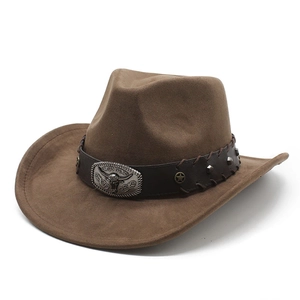 Western Cowboy Hat Vintage Faux Suede Wide Brim With Bull Head Leather Band Star Rivets Adjustable Sun Protection