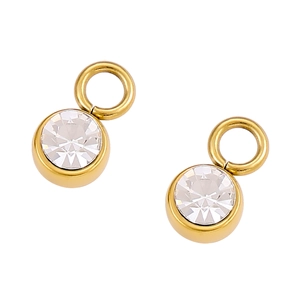 Detailed view of round faceted crystal charms with gold metal bases and top loops