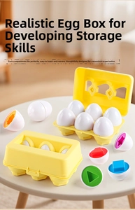 Detailed close-up of matching shape toy eggs in a yellow storage carton for toddlers