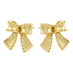 Gold plated bow stud earrings with beaded texture finish on a clean white background