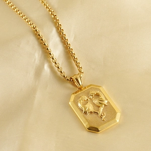 18K gold plated stainless steel necklace with double dragon square pendant on silk