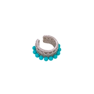 Vintage hollow silver ear cuff with turquoise green beads in a minimalist round design