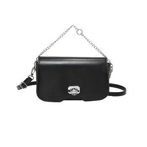 Minimalist black flap square bag with silver metal chain and adjustable leather strap