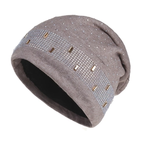Bonnet Femme Slouchy Tricot Polyester Avec Strass Et Accents Métalliques Dorés Doublé Polaire Chaud Casual