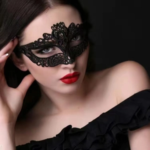 Detailed view of intricate black lace phoenix mask on model for masquerade parties