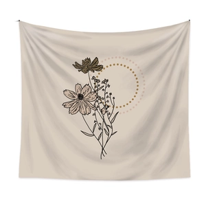 Detail of bohemian wall tapestry with floral pattern and dot geometric ring design