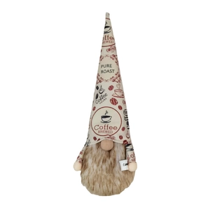 Detail of coffee gnome decoration with brew patterned hat and soft faux fur beard