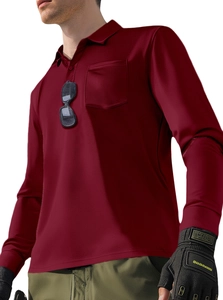 Detail of wine red moisture-wicking polo shirt featuring breathable mesh texture and pocket