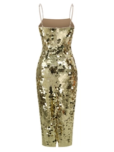 Detailed back view of gold sequin dress with adjustable straps and invisible zipper