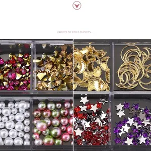 Nail art decoration set with 12 slots featuring mixed pearls, rhinestones and metal studs