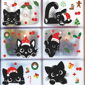 Christmas window stickers featuring cute black cats with Santa hats and festive snowflakes