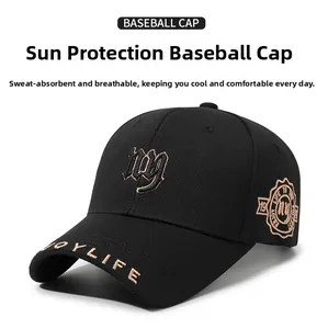 Detail of 3D NY embroidery and Enjoy Life text on a black cotton baseball cap