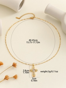 Detailed size specifications for gold cross necklace with colorful zircons and hollow design