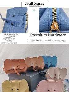 Detailed view of elephant coin purses in varied colors with premium lychee grain texture