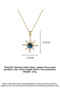 Macro shot of sunburst star pendant with blue zircon center and 45cm chain specs