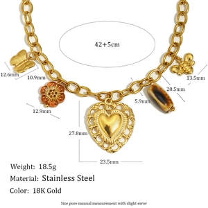 18K gold plated stainless steel O-chain necklace with hollow heart and butterfly charms