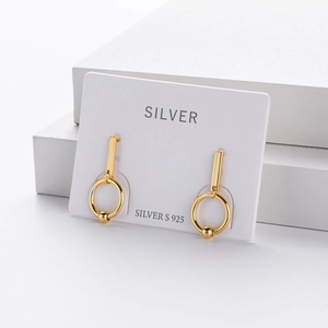 Detail view of gold S925 sterling silver geometric double hoop earrings on display