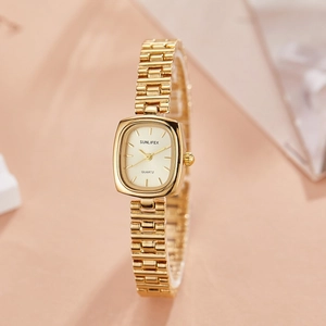 Vintage gold square quartz watch for women with SUNLIFEX logo and metal chain strap