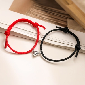 Magnetic heart couple bracelets set with adjustable red and black braided ropes