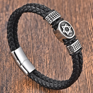 Men Woven Genuine Leather Bracelet With Stainless Steel Magnetic Clasp Cross Skull Star Of David Charm Punk Jewelry