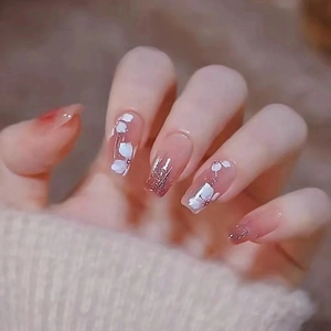 Pink Gradient Press On Nails Cherry Blossom Flower Long Coffin Shape Elegant Translucent Artificial False Nails