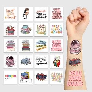 Cartoon book reading temporary tattoos for kids featuring cute animals and slogans