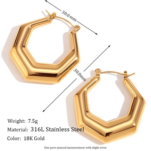 Macro detail of gold 18K plated stainless steel hexagonal earrings with dimension labels