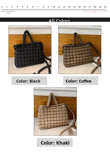 Detailed comparison of quilted puffer tote bags in black, coffee, and khaki colors