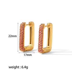 Detail of gold-plated earrings with pink zircons showing dimensions of 22mm by 17mm