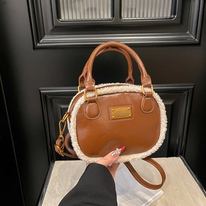 Women Vintage Handbag PU Leather With Plush Trim Contrast Color Winter Crossbody Shoulder Bag Gold Metal Decor