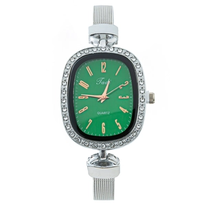 Elegant green dial ladies quartz watch with rhinestone bezel and silver mesh strap