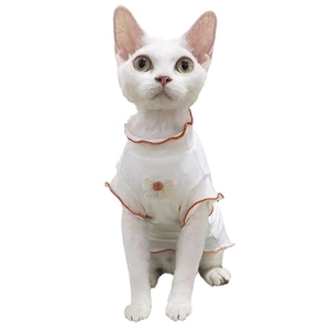 White ribbed cotton pet clothes with lace collar and bow for small dogs and cats